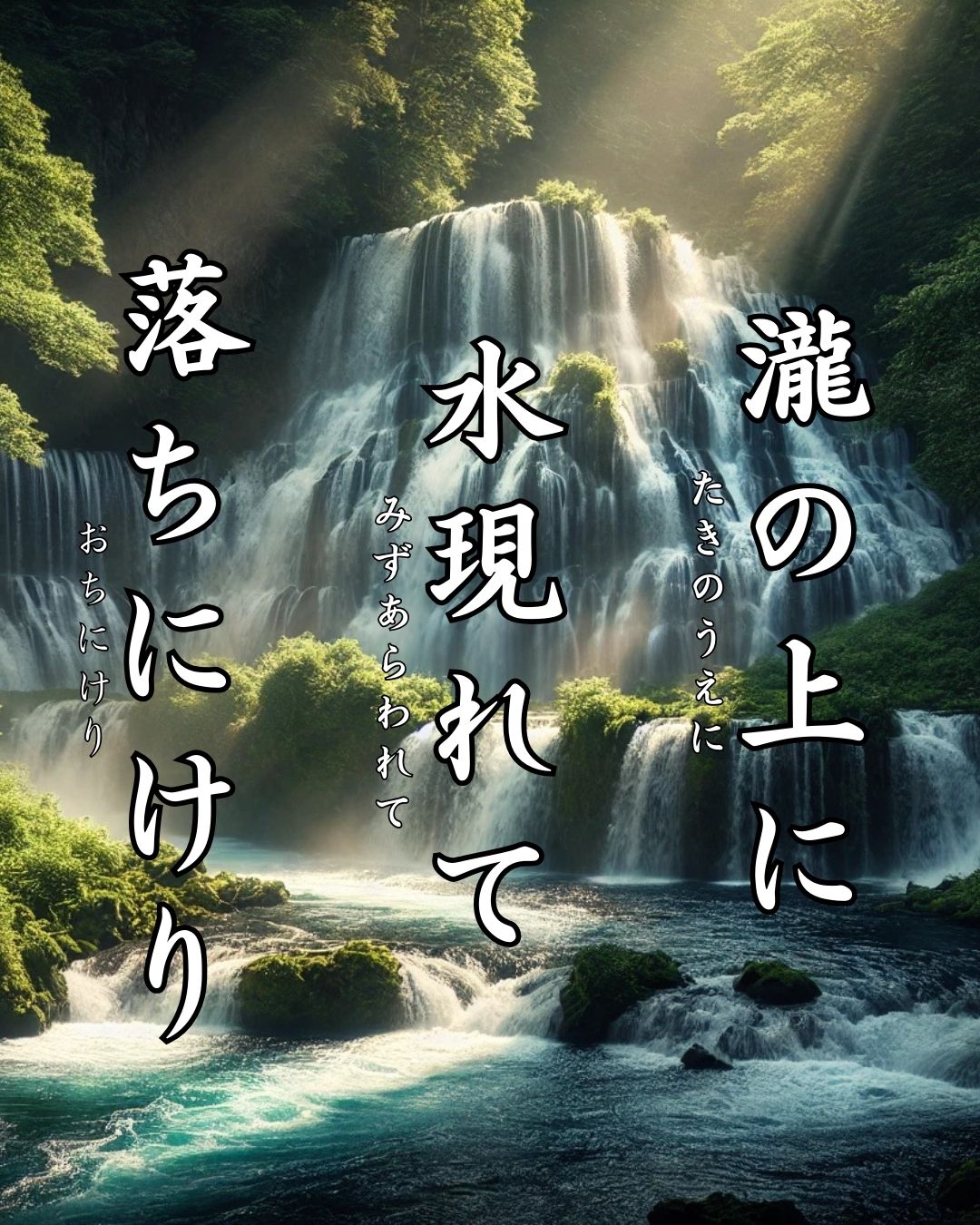 後藤夜半の名句に迫る - 名作の深掘りと楽しみ方シリーズ「瀧の上に 水現れて 落ちにけり」後藤夜半の俳句のイメージイラスト