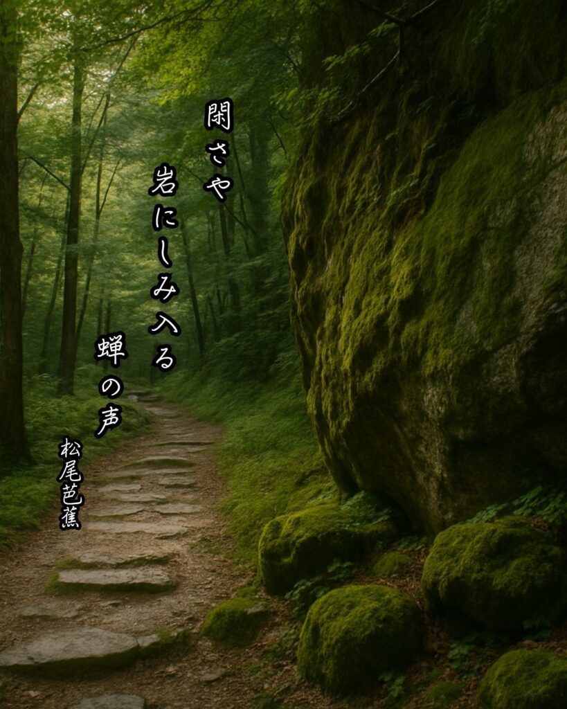 松尾芭蕉の俳句はなぜ面白いの?5つの視点から名句を読み直す「閑さや 岩にしみ入る 蝉の声」この俳句をイメージした画像