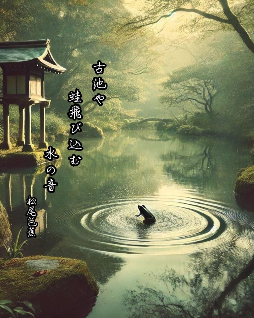 松尾芭蕉の俳句はなぜ面白いの?5つの視点から名句を読み直す「古池や 蛙飛び込む 水の音」この俳句をイメージした画像