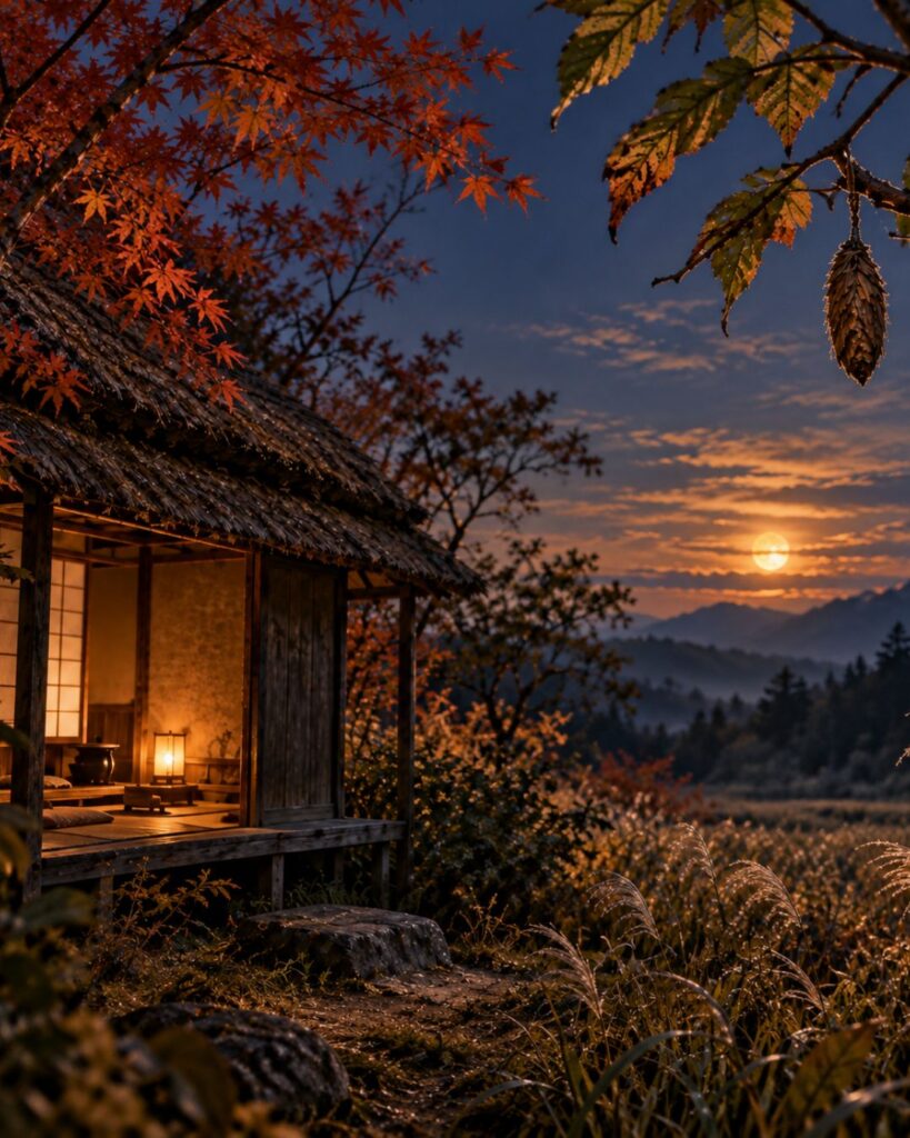 松尾芭蕉が詠んだ秋の名句5選|旅情と静けさにふれる秋景色「蓑虫の 音を聞きに来よ 草の庵」この俳句のイメージイラスト