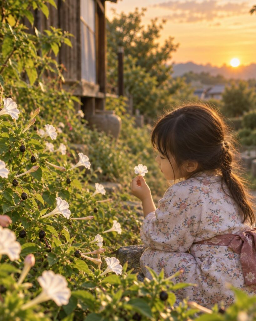 小林一茶が詠んだ秋の名句5選|月と身近な秋景色を楽しむ「白粉の 花ぬつて見る 娘かな」この俳句のイメージイラスト