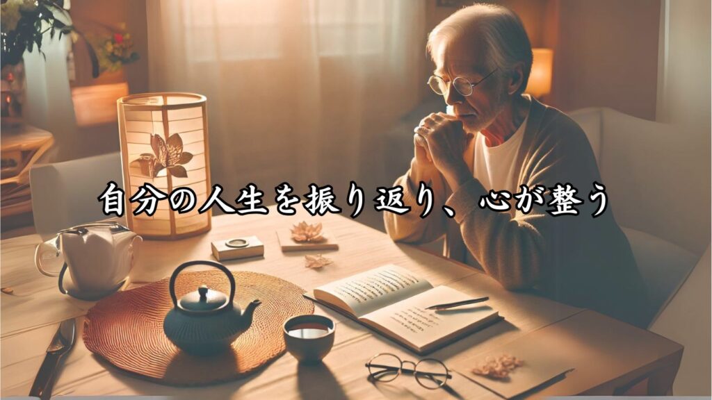 俳句を趣味に！シニアが楽しむポイント10選「自分の人生を振り返り、心が整う」をテーマにした画像です。静かにノートを見つめながら、穏やかに人生を振り返るシニアの姿が、心が整う瞬間を感じさせる落ち着いた雰囲気で表現されています。