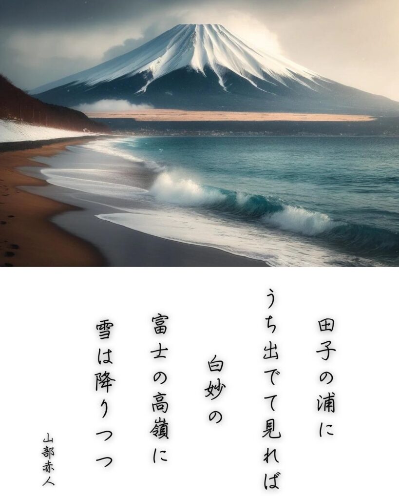 百人一首第四番 山部赤人『田子の浦に』を情景と背景から完全解説「山部赤人の和歌「田子の浦に　うち出でて見れば　白妙の　富士の高嶺に　雪は降りつつ」の情景をテーマにした和歌とイメージの画像」