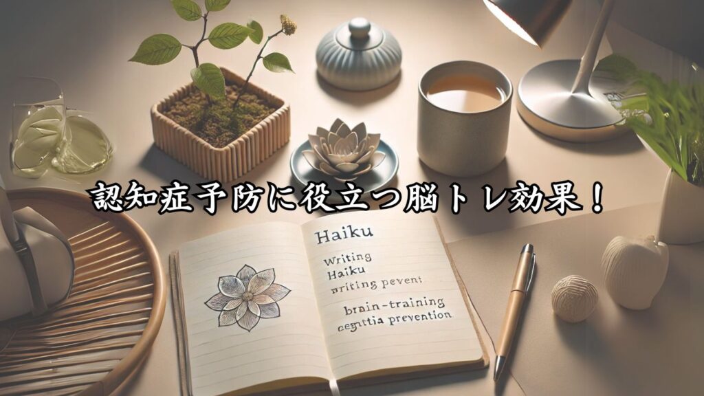 俳句を趣味に！シニアが楽しむポイント10選「認知症予防にも役立つ脳トレ効果」をテーマにした画像です。ノートとペン、集中できる穏やかな環境が、俳句を通じた脳トレのイメージを伝えています。