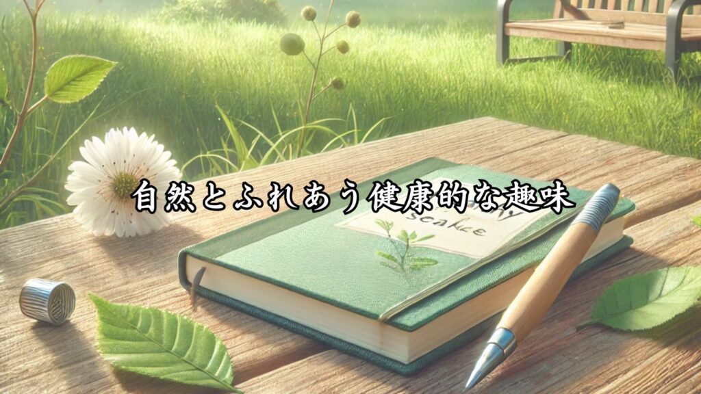 俳句を趣味に！シニアが楽しむポイント10選「自然とふれあう健康的な趣味」をテーマにした画像です。公園のベンチにノートとペンが置かれ、自然の中で俳句を楽しむ健康的な雰囲気を伝えています。