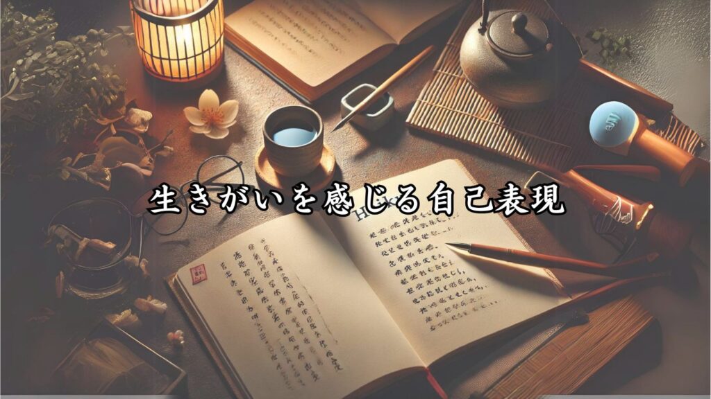 俳句を趣味に！シニアが楽しむポイント10選「生きがいを感じる自己表現」をテーマにした画像です。ノートに俳句の一節が書かれ、そばにペンやお茶が置かれていて、自己表現の満足感や静かな喜びを伝える温かい雰囲気になっています。