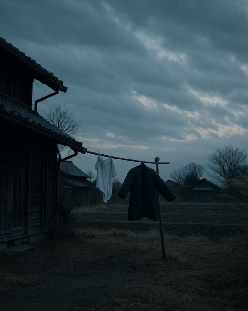 イラストでシンプルに楽しむ小林一茶の冬の俳句5選「木がらしの　吹きぬき布子　一つかな」この俳句のイメージイラスト