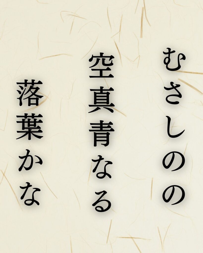 イラストでシンプルに楽しむ「水原秋桜子」の「冬」の俳句「むさしのの　空真青なる　落葉かな」この俳句を記載した画像