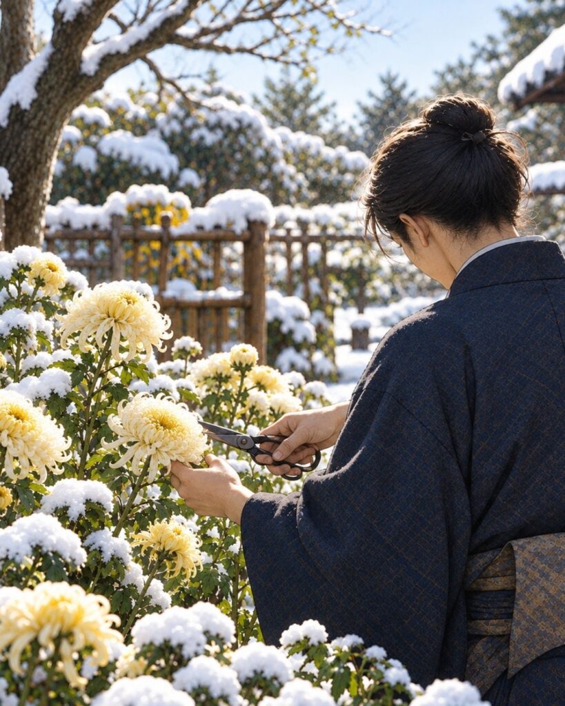 高浜虚子が詠んだ冬の名句5選|冬の光と静かな風景を味わう「寒菊を 憐れみよりて 剪りにけり」この俳句をイメージした画像