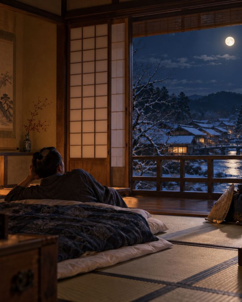 松尾芭蕉が詠んだ冬の名句5選|旅路に広がる冬景色を味わう「旅寝よし 宿は師走の 夕月夜」この俳句のイメージイラスト