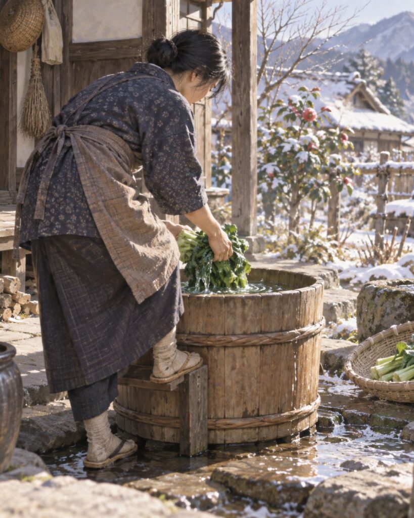 正岡子規が詠んだ冬の名句5選|暮らしの中にある冬の静けさ「桶踏んで 冬菜を洗ふ 女かな」この俳句をイメージした画像