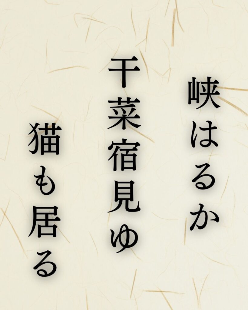 イラストでシンプルに楽しむ「冨安風生」の「冬」の俳句5選「峡はるか　干菜宿見ゆ　猫も居る」この俳句を記載した画像