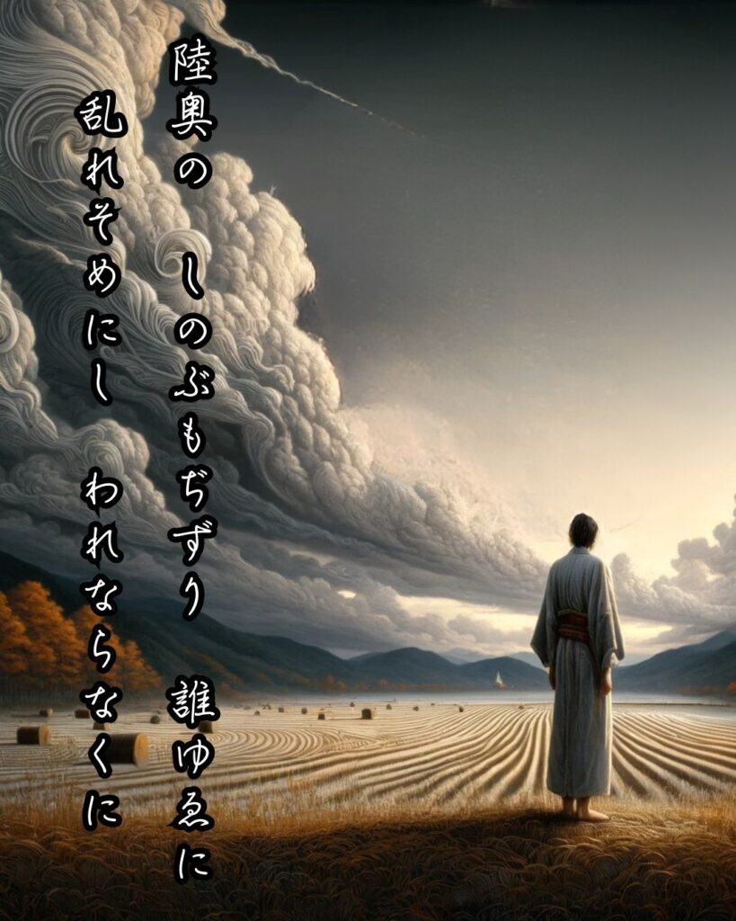 百人一首第十四番 河原左大臣『陸奥の』を情景と背景から完全解説「河原左大臣の和歌「陸奥の　しのぶもぢずり　誰ゆゑに　乱れそめにし　われならなくに」の情景をテーマにした和歌とイメージの画像」