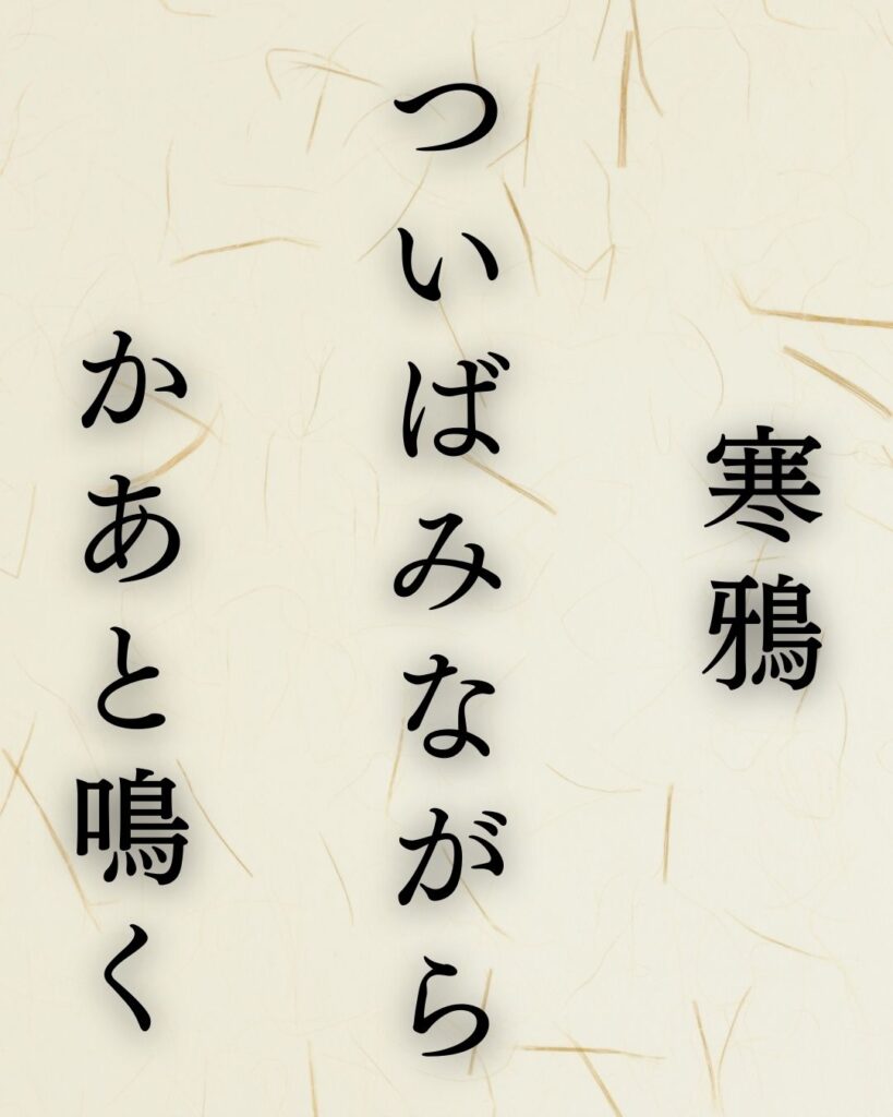 イラストでシンプルに楽しむ「中村汀女」の「冬」の俳句5選「寒鴉　ついばみながら　かあと鳴く」この俳句を記載した画像