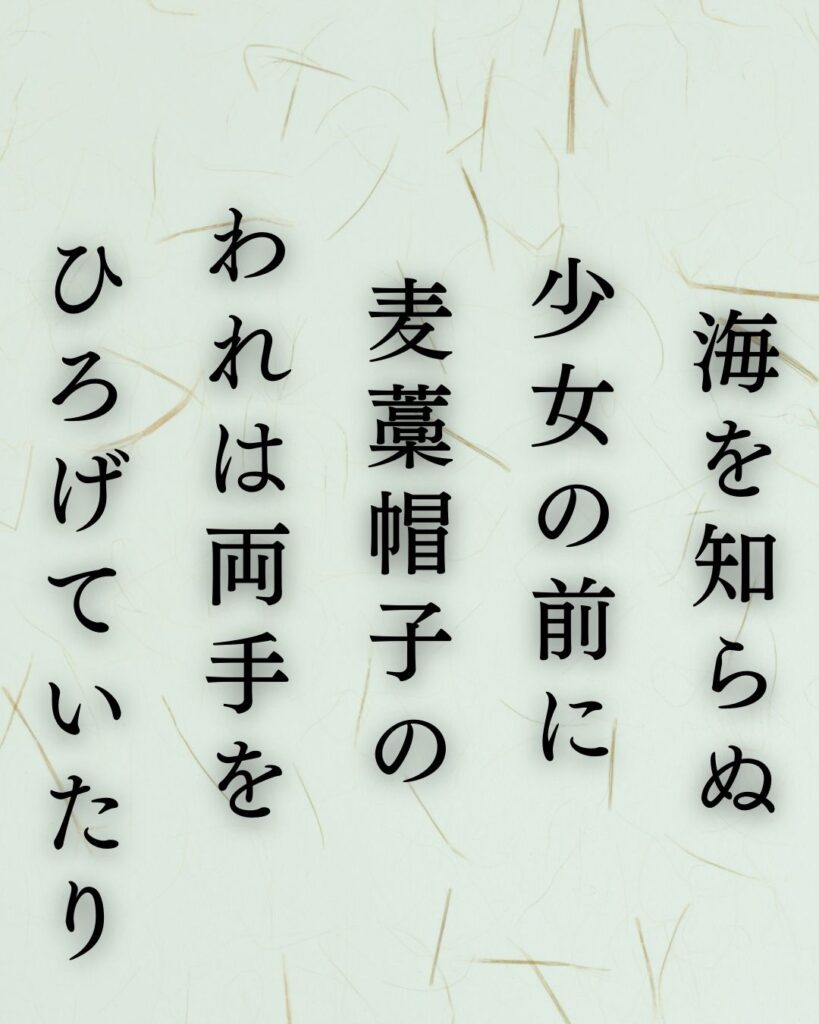 イラストでシンプルに楽しむ寺山修司の有名な短歌5選vol.1「海を知らぬ少女の前に麦藁帽子のわれは両手をひろげていたり」この短歌を記載した画像