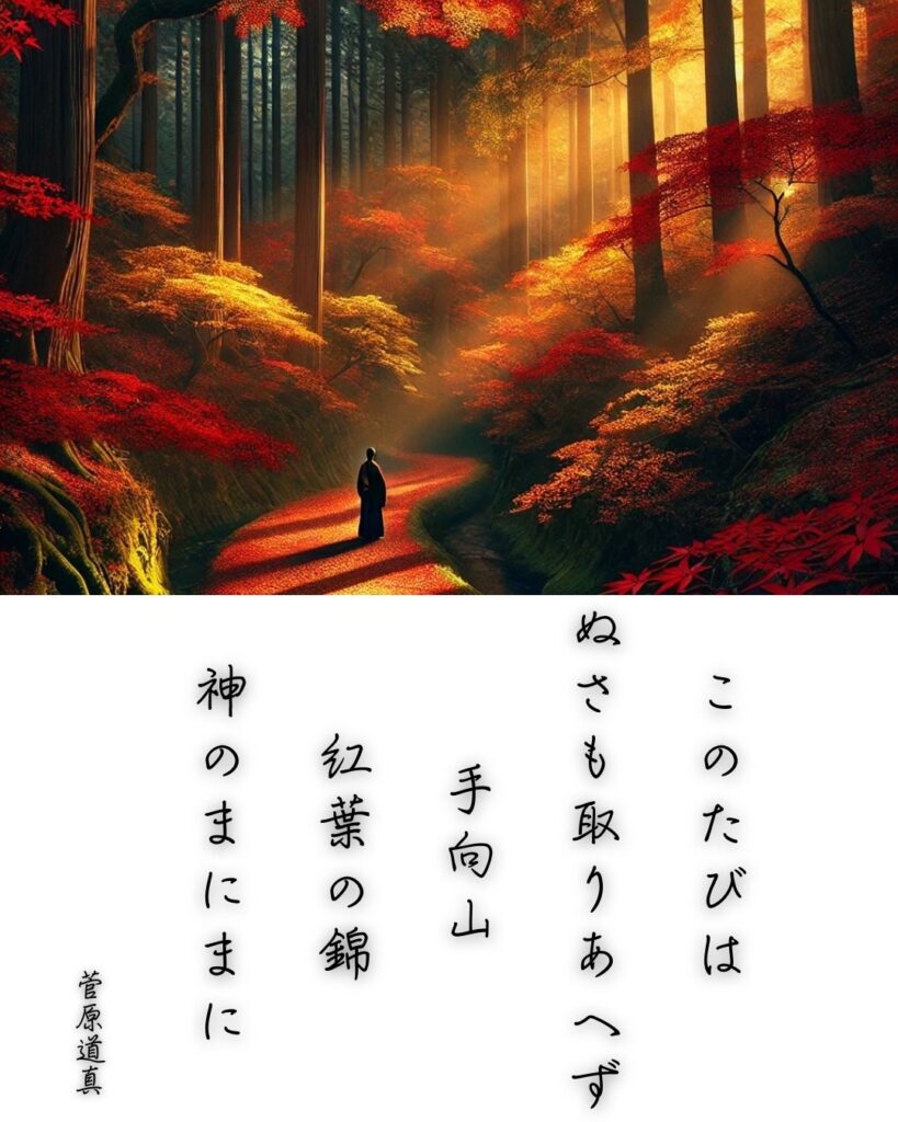 百人一首第二十四番 菅原道真『このたびは』を情景と背景から完全解説「このたびは　ぬさも取りあへず　手向山　紅葉の錦　神のまにまに」の情景をテーマにした和歌とイメージの画像」