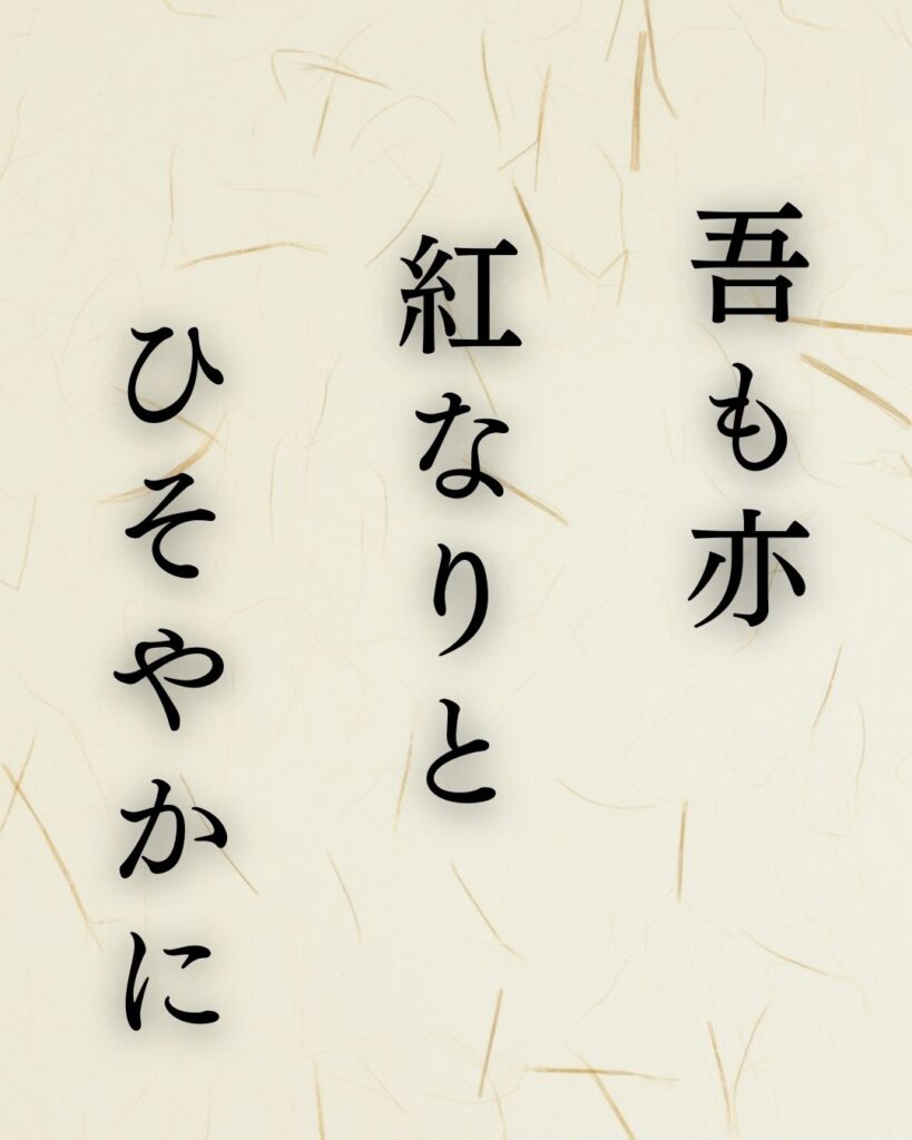 高浜虚子の代表作「遠山に」に迫る！名句や人物像を徹底解説！「吾も亦　紅なりと　ひそやかに」高浜虚子の俳句を記載した画像