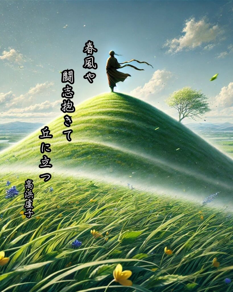 高浜虚子『春風や闘志いだきて丘に立つ』の意味|俳壇復帰と新たな決意「春風や 闘志抱きて 丘に立つ」高浜虚子の俳句をイメージした画像