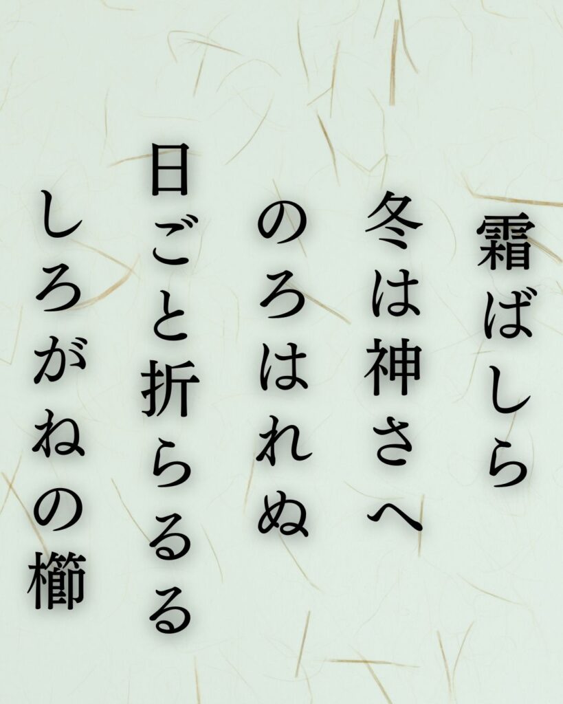 イラストでシンプルに楽しむ与謝野晶子の有名な短歌5選vol.2「霜ばしら 冬は神さへ のろはれぬ　日ごと折らるる しろがねの櫛」この短歌を記載した画像