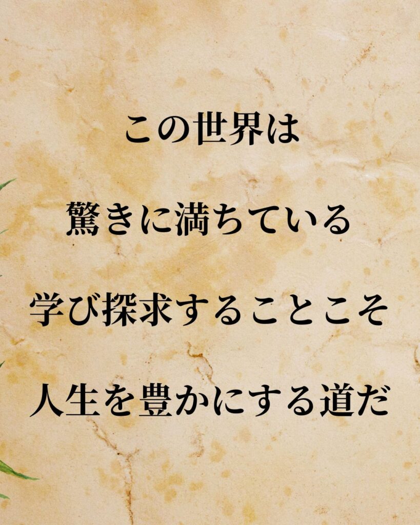 日常生活に活かせる『発明家』の名言9選「アレクサンダー・グラハム・ベル」「この世界は驚きに満ちている。学び探求することこそ人生を豊かにする道だ。」この名言を記載した画像