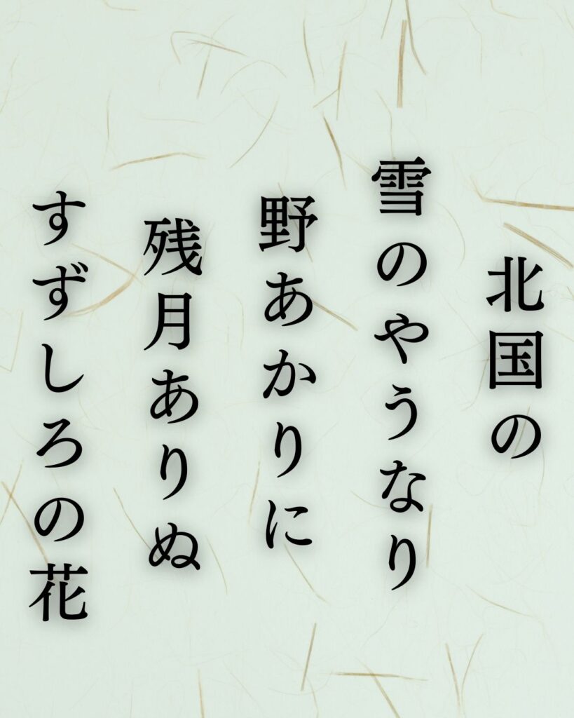 イラストでシンプルに楽しむ与謝野晶子の有名な短歌5選vol.2「北国の 雪のやうなり 野あかりに　残月ありぬ すずしろの花」この短歌を記載した画像