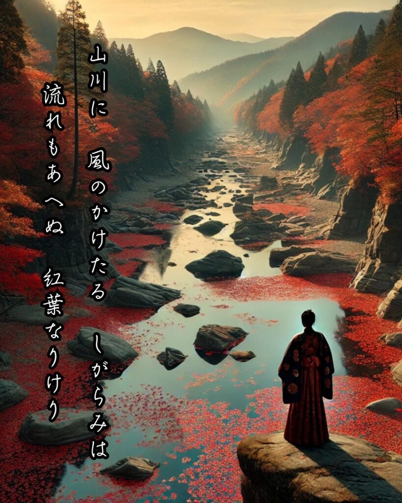 百人一首第三十二番 春道列樹『山川に』を情景と背景から完全解説「山川に　風のかけたる　しがらみは　流れもあへぬ　紅葉なりけり」の情景をテーマにした和歌とイメージの画像