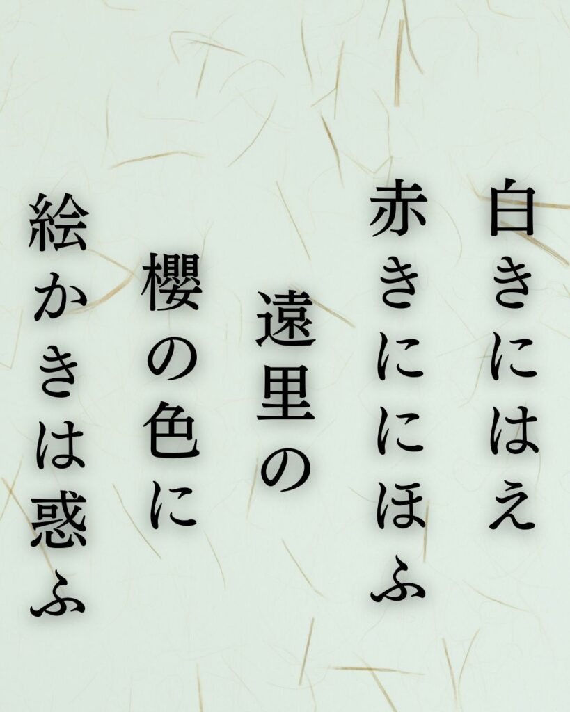正岡子規の春の短歌5選 – 代表作をわかりやすく解説!「白きにはえ 赤きににほふ 遠里の 櫻の色に 絵かきは惑ふ」この短歌を記載した画像