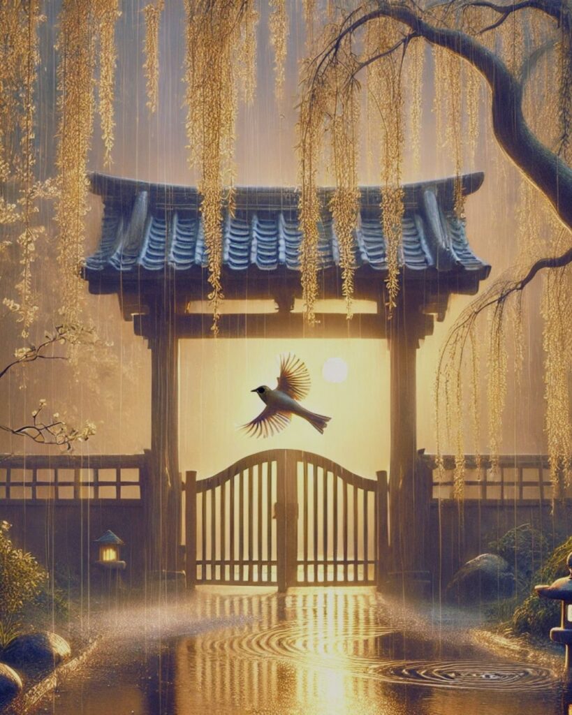 正岡子規の春の短歌5選 – 代表作をわかりやすく解説!「美しき 鳥飛び去つて 暮れぬ日の 春雨細し 青柳の門」この短歌をイメージした画像