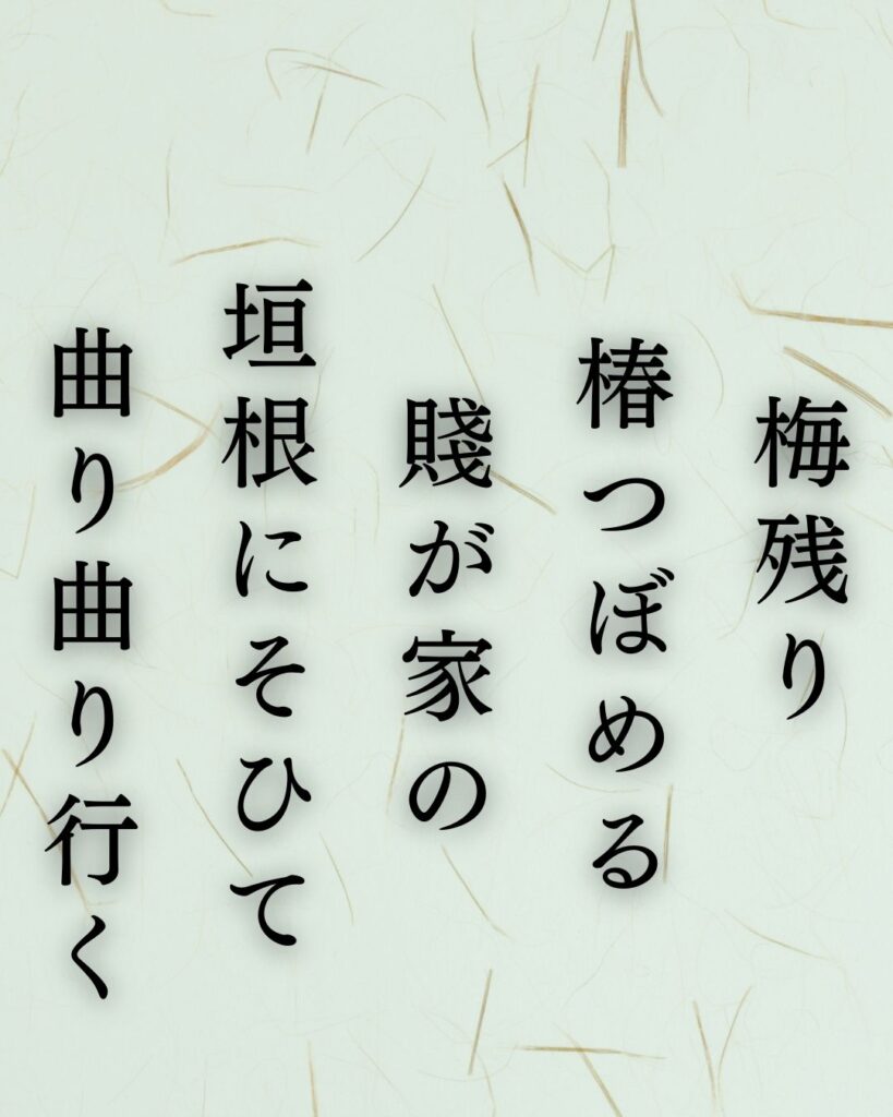 正岡子規の春の短歌5選 – 代表作をわかりやすく解説!「梅残り 椿つぼめる 賤が家の 垣根にそひて 曲り曲り行く」この短歌を記載した画像