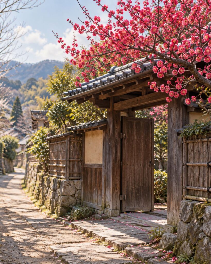 正岡子規の春の短歌5選|花と鳥に見る春の情景「紅梅の 咲く門とこそ 聞きて来し 根岸の里に 人尋ねわびつ」この短歌をイメージした画像