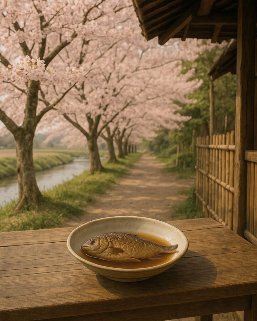 立花北枝の春の俳句5選-自然に寄り添う情景「初ざくら 鮒の料理を 好まれて」この俳句をイメージした画像