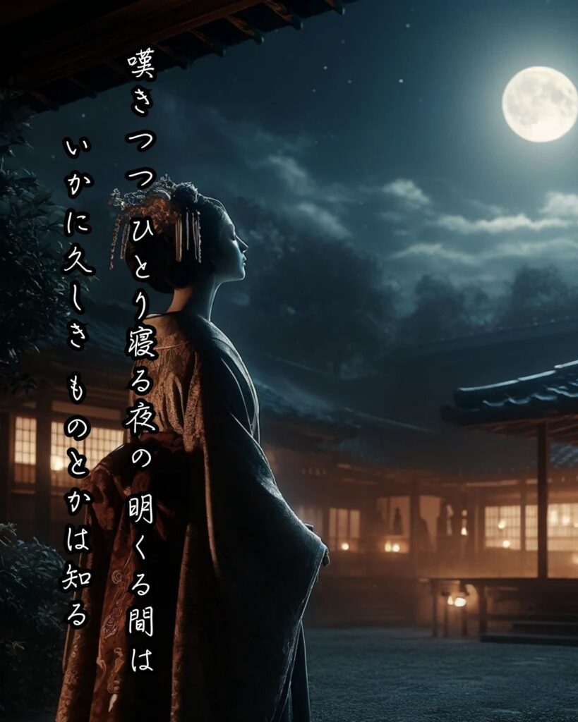 百人一首第53番 藤原道綱母『嘆きつつ』背景解説–独り寝の長き夜「嘆きつつ ひとり寝る夜の 明くる間は いかに久しき ものとかは知る」の情景をテーマにした和歌とイメージの画像