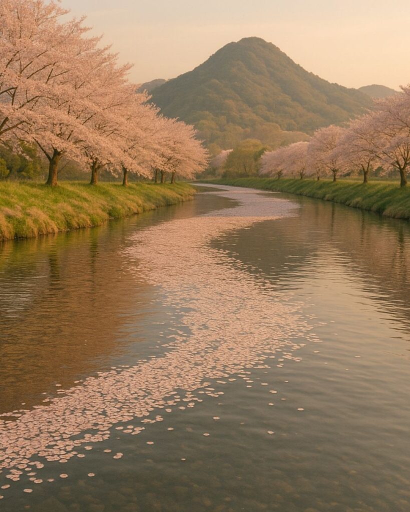 立花北枝の春の俳句5選-自然に寄り添う情景「亀山や 尻にして来る 花筏」この俳句をイメージした画像