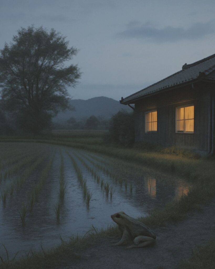 立花北枝の春の俳句5選-自然に寄り添う情景「田を売て いとど寝られぬ 蛙かな」この俳句をイメージした画像