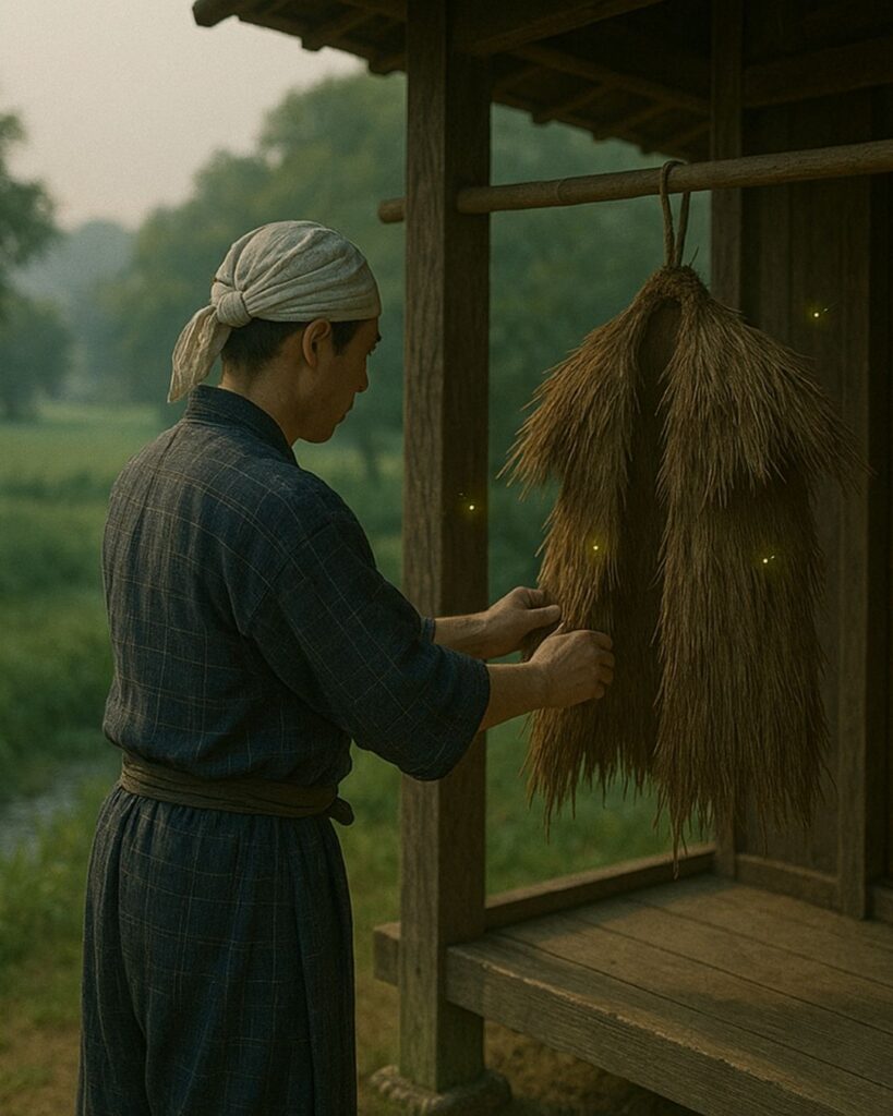 服部嵐雪の夏の俳句5選-代表作をわかりやすく解説!「簔干して 朝々ふるふ 蛍かな」この俳句をイメージした画像