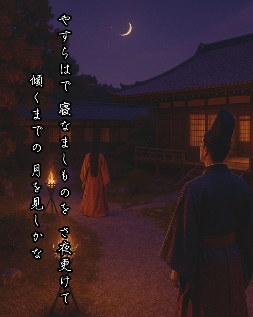 百人一首第59番 赤染衛門『やすらはで』背景解説–さよの月影「やすらはで 寝なましものを さ夜更けて 傾くまでの 月を見しかな」の情景をテーマにした和歌とイメージの画像
