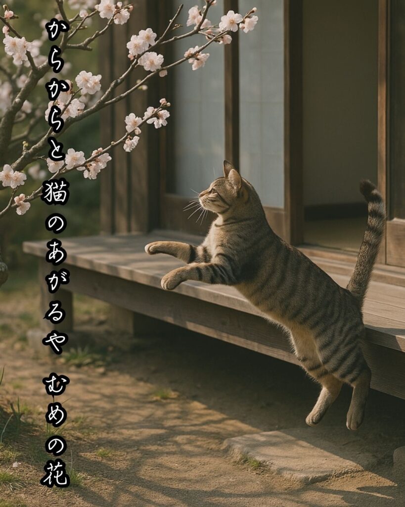 「有名俳人たちの俳句と情景に心を委ねる」「からからと 猫のあがるや むめの花」この俳句をイメージした画像