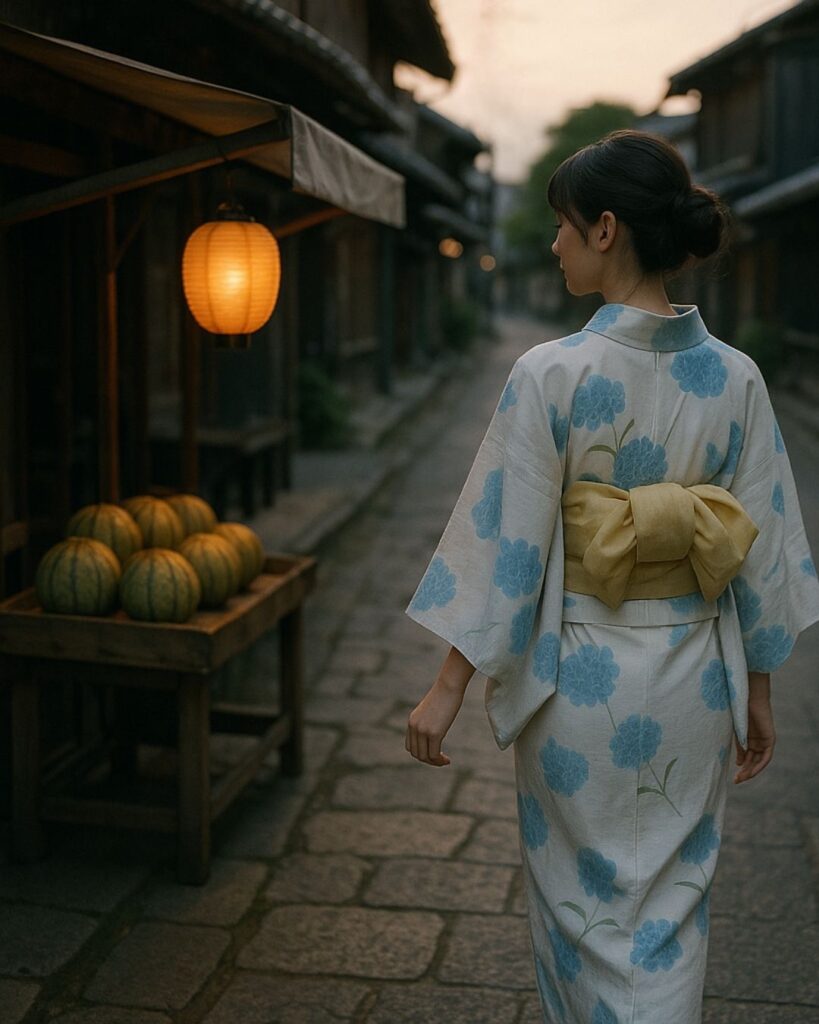 宝井其角の夏の俳句5選-代表作をわかりやすく解説！「浴衣着て　瓜買ひに行く　袖もがな」この俳句をイメージした画像
