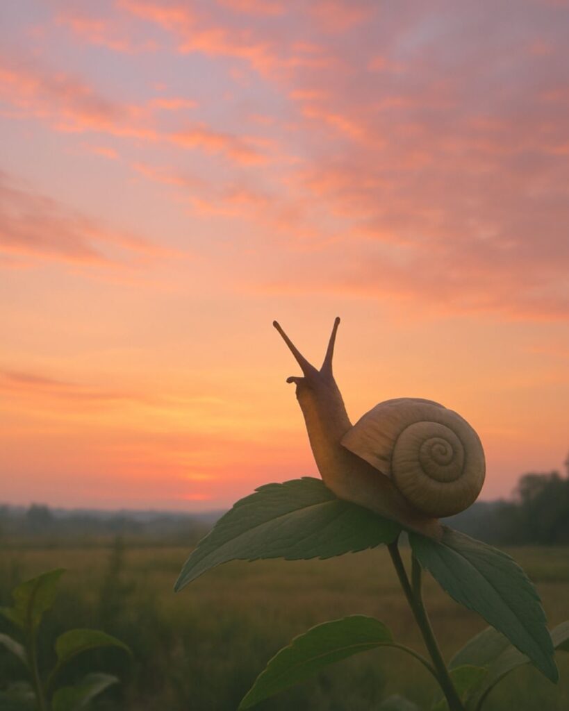 小林一茶の夏の俳句5選-代表作をわかりやすく解説!「朝やけが よろこばしいか 蝸牛」この俳句をイメージした画像