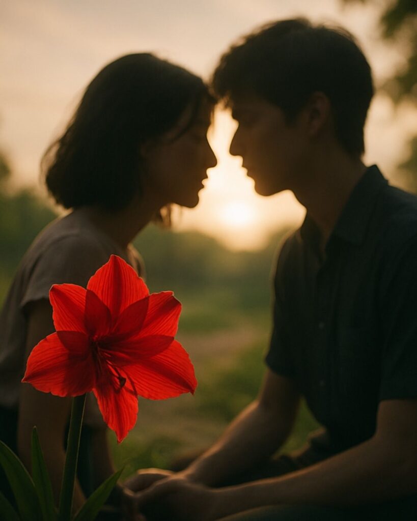 北原白秋の夏の短歌5選-代表作をわかりやすく解説!「あまりりす 息もふかげに 燃ゆるとき ふと唇は さしあてしかな」この短歌をイメージした画像