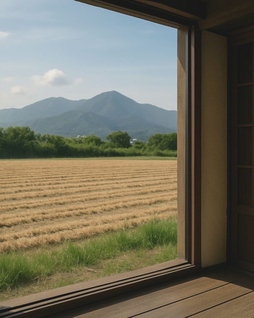 与謝蕪村の夏の俳句5選-代表作をわかりやすく解説!「麦刈て 遠山見せよ 窓の前」この俳句をイメージした画像