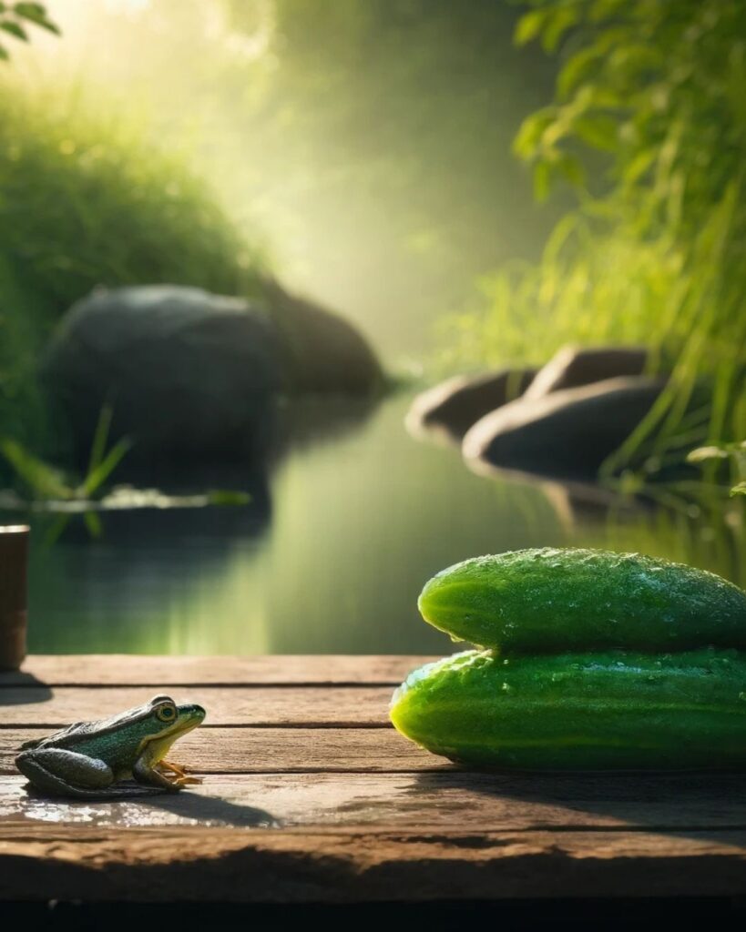 小林一茶の夏の俳句5選-代表作をわかりやすく解説!「人来たら 蛙となれよ 冷し瓜」この俳句をイメージした画像