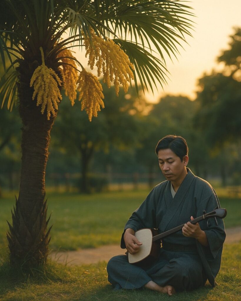 北原白秋の夏の短歌5選-代表作をわかりやすく解説!「夕されば 棕梠の花ぶさ 黄に光る 公園の外に 坐る琴弾者」この短歌をイメージした画像