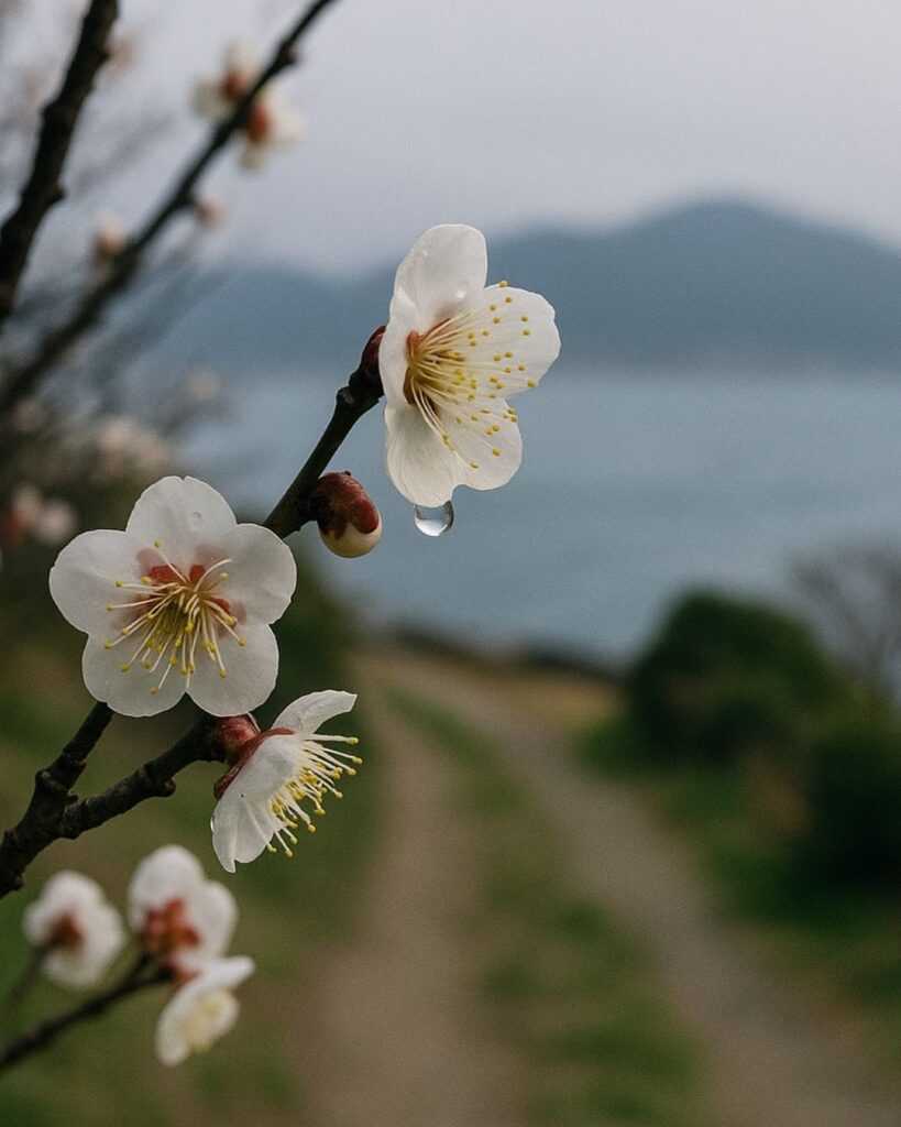 各務支考の春の俳句5選−芭蕉を看取った高弟のまなざし「ほのかなる 梅の雫や 淡路島」この俳句をイメージした画像