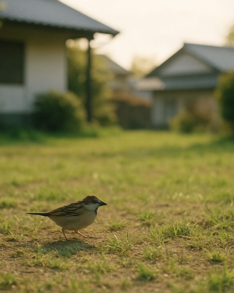 長塚節の春の短歌5選-代表作をわかりやすく解説!「若草の はつかに萌ゆる 庭に來て 雀あさりて 隣へ飛びぬ」この短歌をイメージした画像
