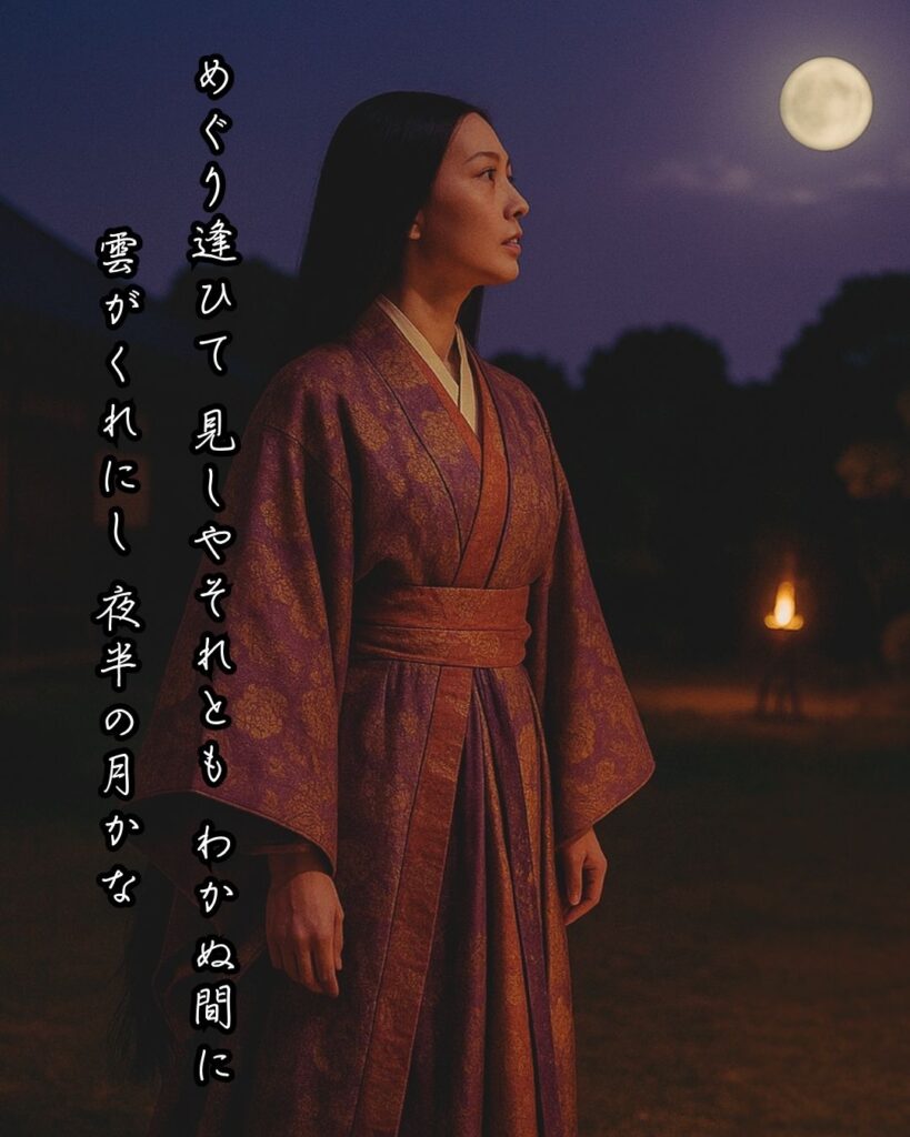 百人一首第57番 紫式部『めぐり逢ひて』背景解説–逢瀬の余韻「めぐり逢ひて 見しやそれとも わかぬ間に 雲がくれにし 夜半の月かな」の情景をテーマにした和歌とイメージの画像