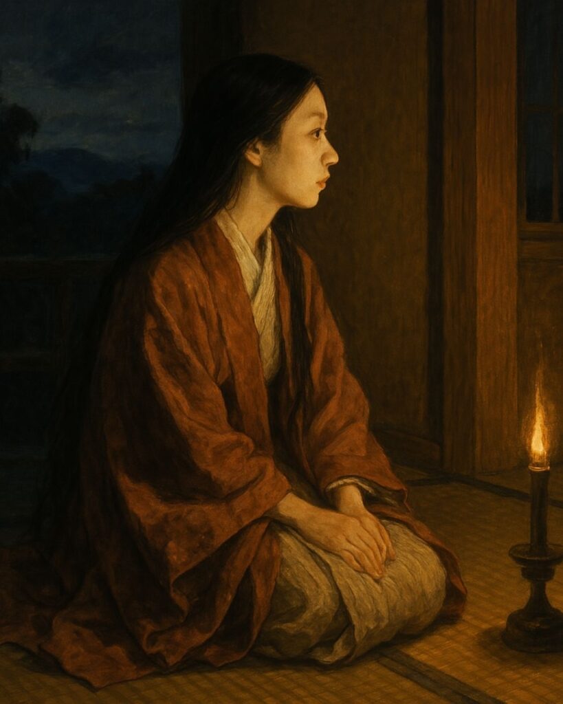 百人一首第56番 和泉式部『あらざらむ』背景解説–消えゆく夜の恋「あらざらむ この世のほかの 思ひ出に いまひとたびの 逢ふこともがな」の情景をテーマにしたイメージの画像