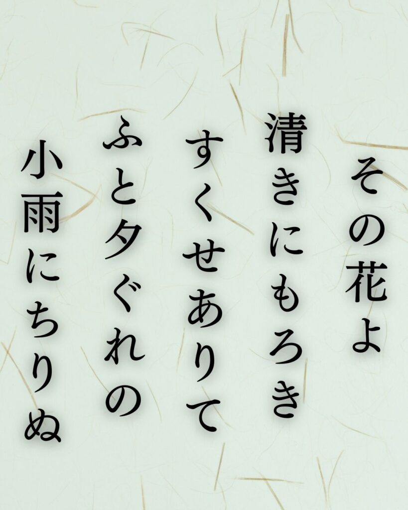 与謝野鉄幹の春の短歌5選-代表作をわかりやすく解説!「その花よ 清きにもろき すくせありて ふと夕ぐれの 小雨にちりぬ」この短歌を記載した画像