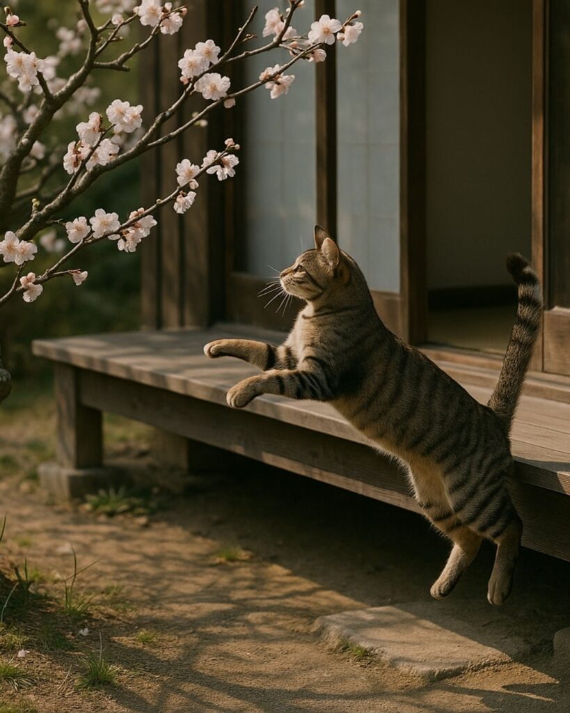 森川許六の春の俳句5選−武士が詠むやさしき季節「からからと 猫のあがるや むめの花」この俳句をイメージした画像