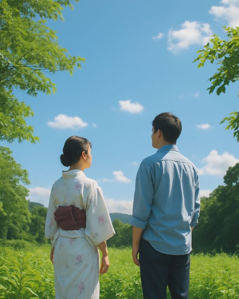 若山牧水の夏の短歌5選-代表作をわかりやすく解説!「風わたる 見よ初夏の あを空を 青葉がうへを やよ恋人よ」この短歌をイメージした画像